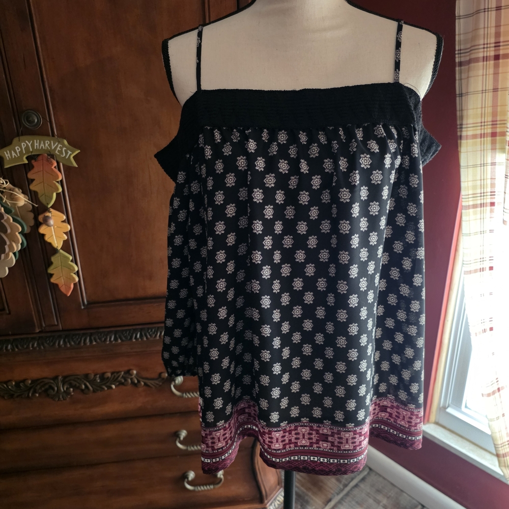 Maurices Black and White Patterned Blouse with Pink Accents